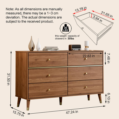 Chrangmay 6 Drawer Dresser,47" Wide Mid Century Chest of Drawers,Wooden Bedroom Drawer Dresser with 6 Storage Drawers for Bedroom,Living Room,with Anti-Tipping Device,Walnut.HT Chrangmay
