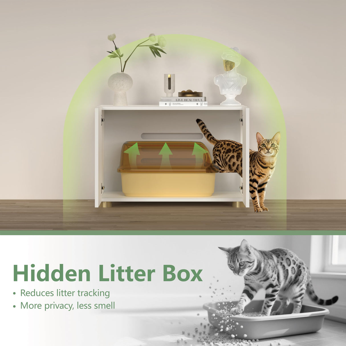 Amunrbrek Small Litter Box Enclosure, Sleek Modern Cat Litter Box Cabinet Furniture, Wooden Cat House, End Table (White) amunrbrek