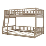 KLMM Walnut Finish Wood Full XL Over Queen Bunk Bed with Ladder and Guardrails KLMM