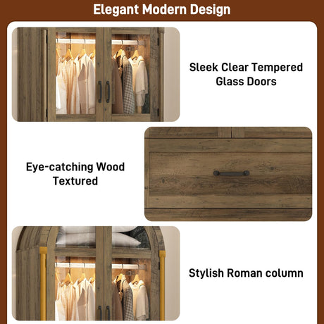 chartustriable 2 Doors Arched Armoire Wardrobe Closet w/Drawers,LED Light,Wooden Closet Wardrobe Cabinet with Hanging Rod for Bedroom,Modern Armoire Storage Cabinet w/Shelf,Rustic Oak chartustriable