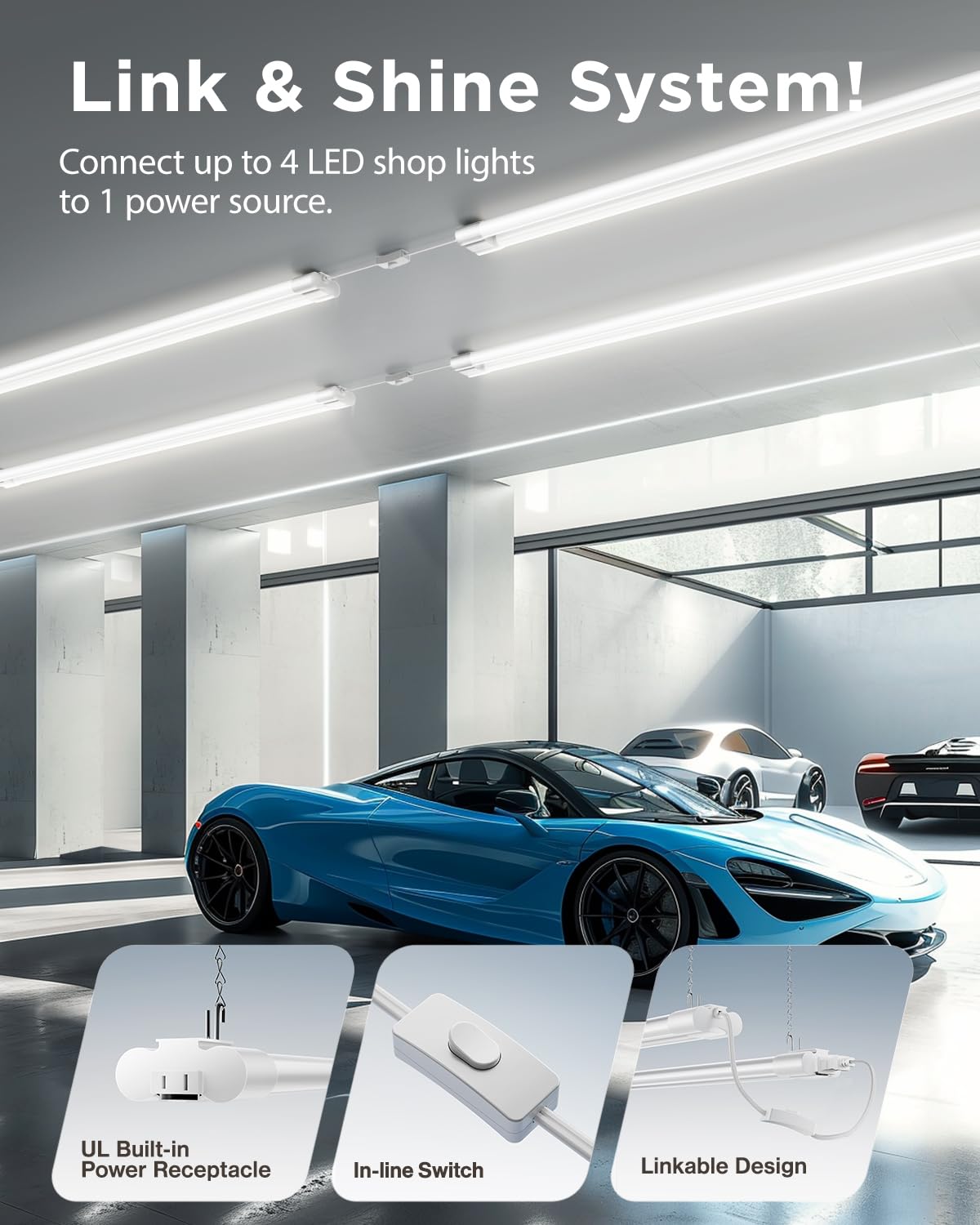 Sunco 6 Pack Linkable LED Utility Shop Light, 4500 LM, 5000K Daylight, 4 FT, 48 Inch Integrated Fixture for Garage, 40W Equivalent 150W, Surface + Suspension Mount, White Sunco Lighting