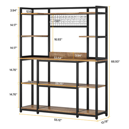 LITTLE TREE 5-Tier Kitchen Bakers Rack, 66.9" Tall Kitchen Hutch Microwave Stand with 11 Hooks, 55" Extra Wide Kitchen Storage Shelf Rack, Wood Baker's Rack for Kitchen, Light Brown and Black