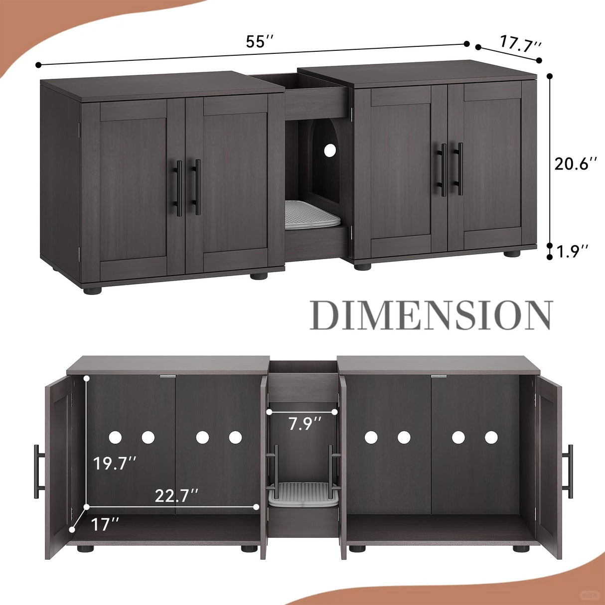 Cat Litter Box Enclosure Furniture for 2 Cats, 55" Large Hiddden Cat Litter Box Enclosure Furniture 3-IN-1 Wooden Cat Litter Cabinet with Barn Door & Double Rooms for Bedroom Living Room, Walnut GAOMON