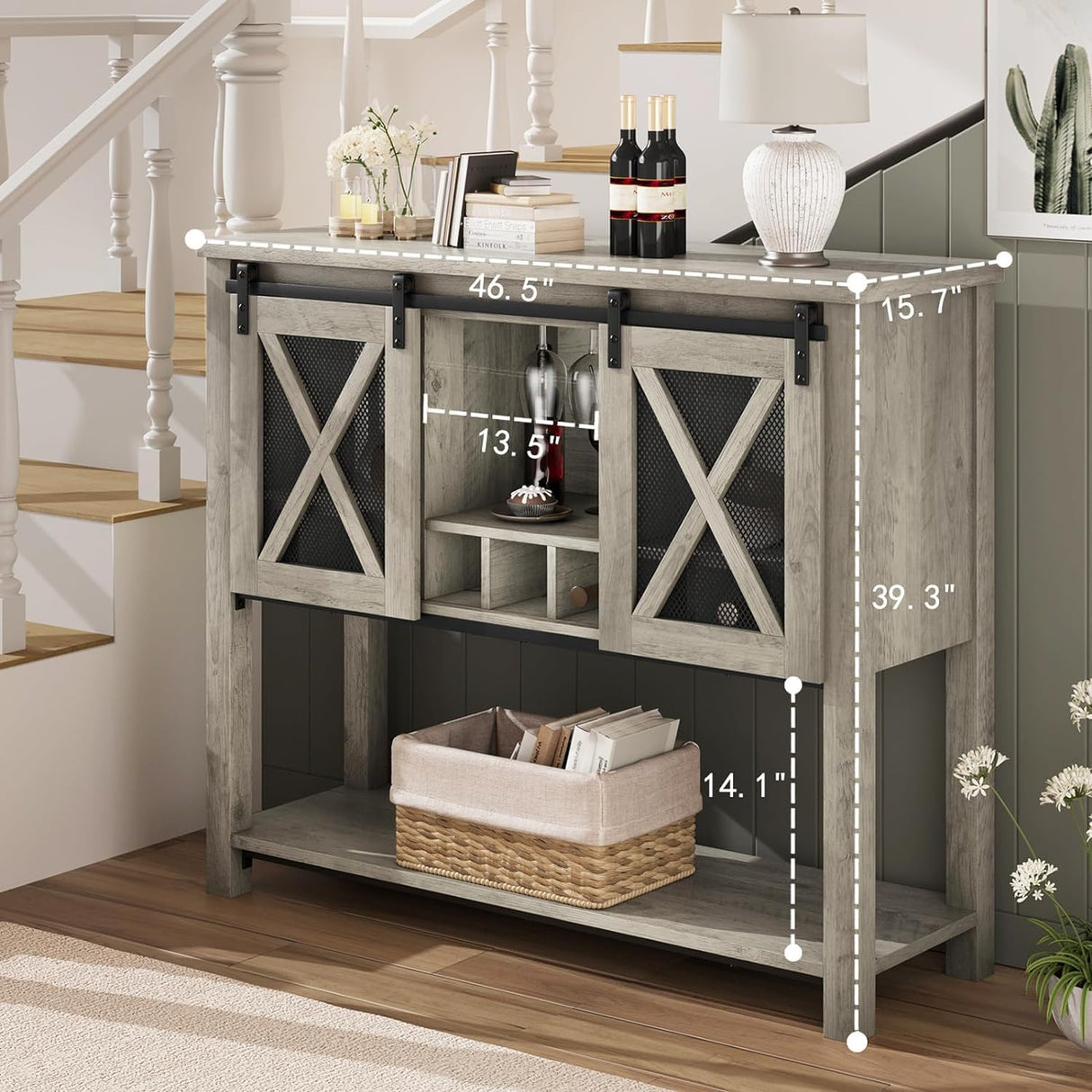IDEALHOUSE Coffee Bar Cabinet, Console Entryway Table with Storage, Farmhouse Sideboard Buffet Cabinet with Sliding Barn Doors, Wine Liquor Cabinet with Racks for Kitchen, Hallway, Living Room, Gray IDEALHOUSE