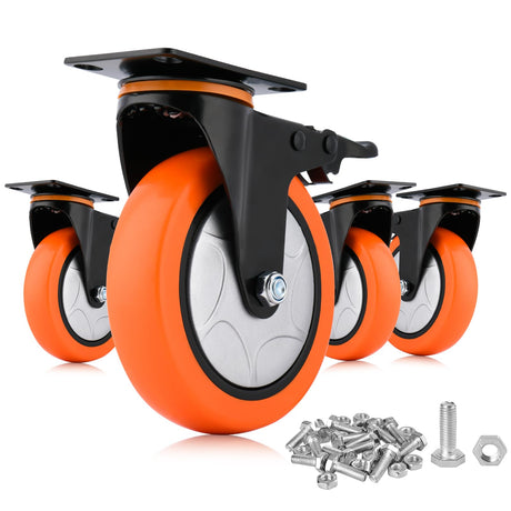 6 Inch Heavy Duty Swivel Caster Wheels with Brake - Set of 4, 3000 Lbs Capacity, PVC No Noise No Marking Wheels for Furniture, Carts, and Equipment (Includes Free Screws) Moogii