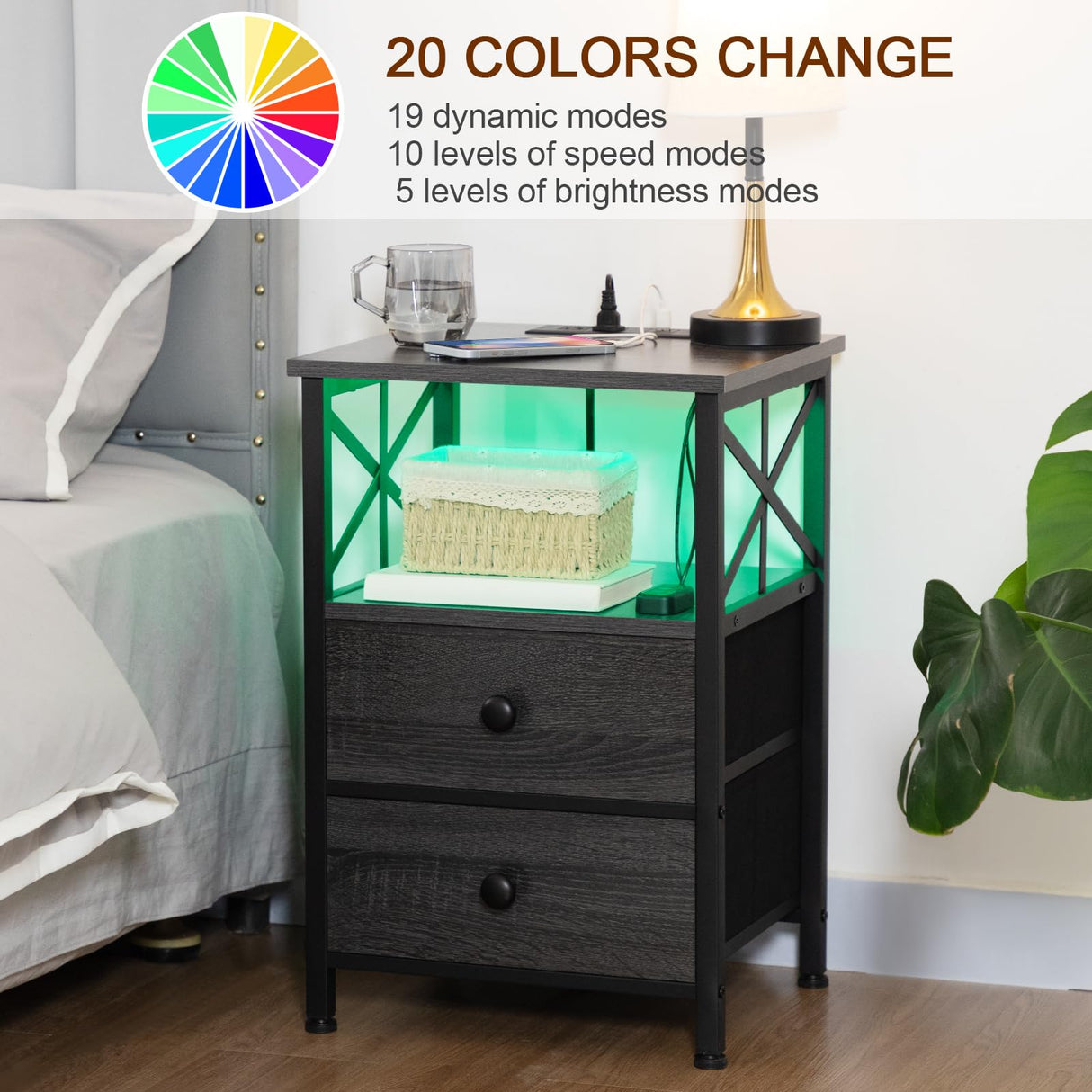 AMHANCIBLE Night Stand Set 2, LED Nightstands for Bedroom Set of 2 with Charging Station, End Table with USB Port and Outlet, Side Table with 2 Storage Drawers for Living Room, Dark Grey HET052LDG AMHANCIBLE