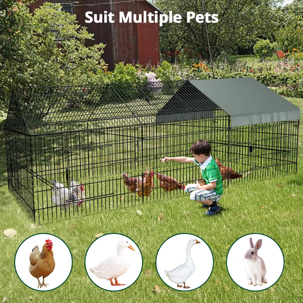 PawGiant Chicken Coop Chicken Run Pen for Yard with Cover 130"×40"×40" Outdoor Metal Portable Chicken Tractor Cage Enclosure Crate Outside for Small Animals Duck Rabbit Hen PawGiant