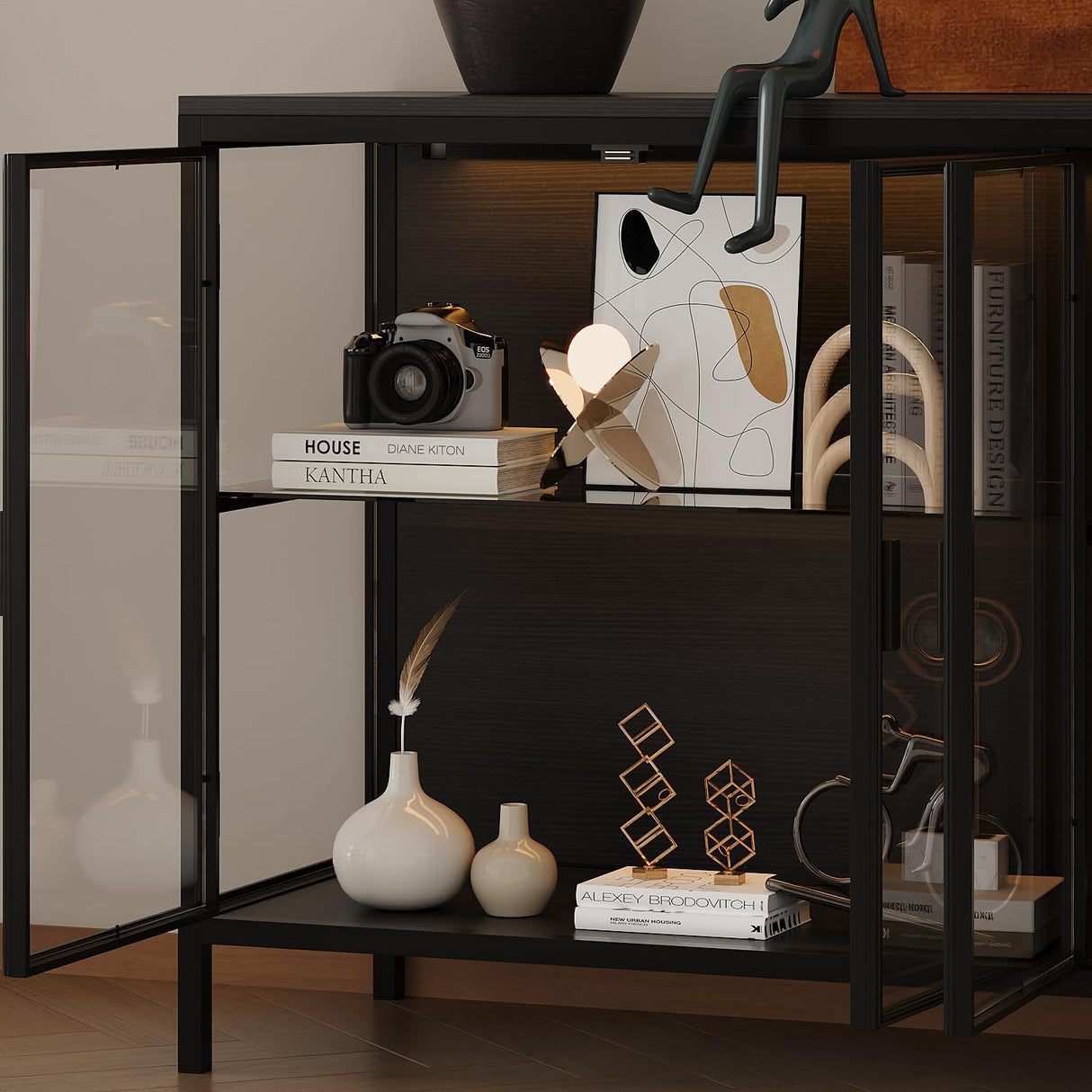 HOMSETTIE Glass Display Cabinet with LED Lights & Glass Shelves, Modern Curio Display Storage Cabinet with 4 Shelves for Collections, Trophies, Black HOMSETTIE