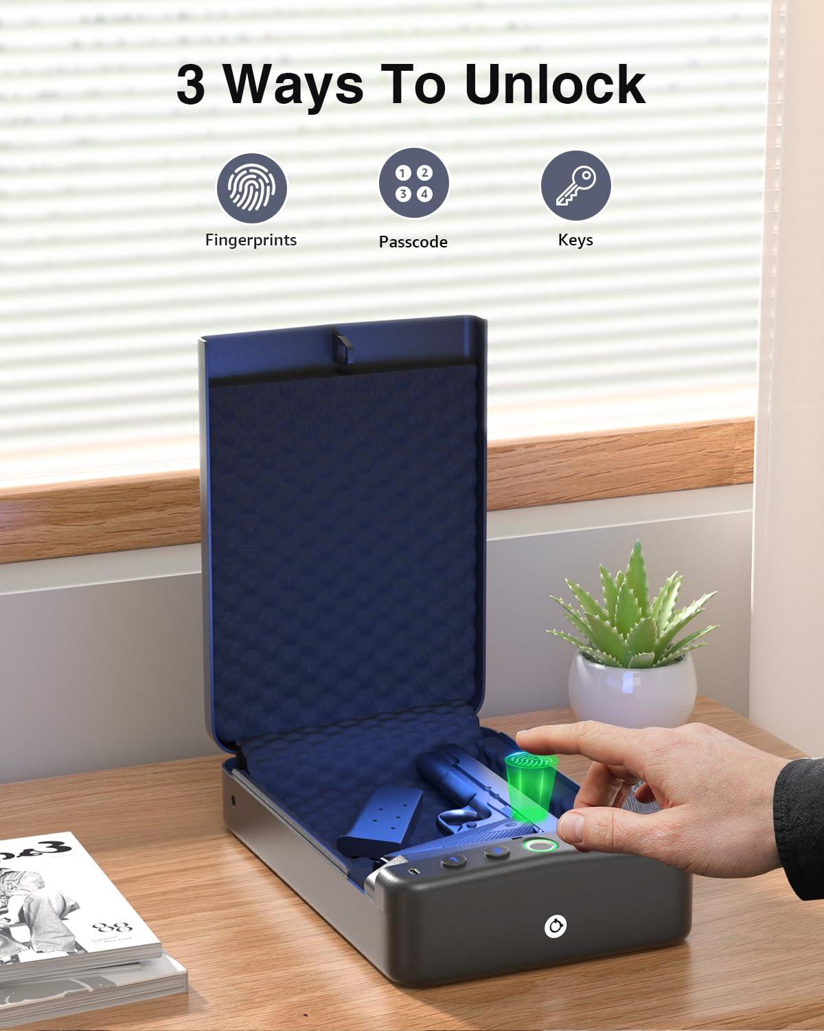 SOOWAY Car Gun Safe, Small Biometric Gun Safe for Handgun, Fingerprint Handgun Safe with 3 Ways Quick Access Pistol Safe for Travel, Nightstand Bedside SOOWAY