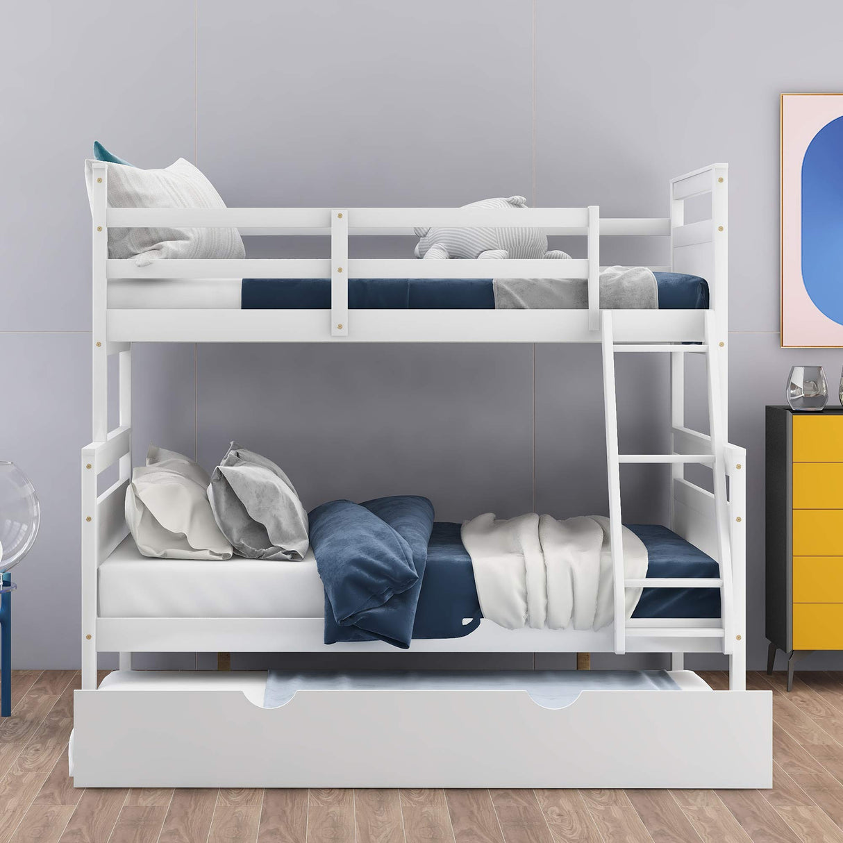 Twin Over Full Bunk Bed with Trundle, Wood Bunk Bed Twin Over Full with Safety Guardrail & Ladder, Convertible to 3 Separated Beds, Perfect for Kids, Teens,Adults,Bedroom Furniture,White Harper & Bright Designs