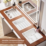 Mixcous Vanity Desk with Mirror and Lights, Vanity Dresser Combo, Farmhouse Makeup Vanity with 9 Drawers, Glass Top Corner Vanity Dressing Table, Extendable Big Dressing Table Set for Bedroom, White Mixcous