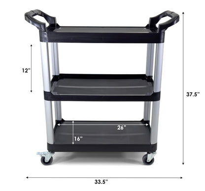 Commercial Heavy-Duty Utility Service Cart | 3 Shelf | | 450 Lbs Max Capacity | Rolling Utility Cart W 33" x H 37" x D 16" Black