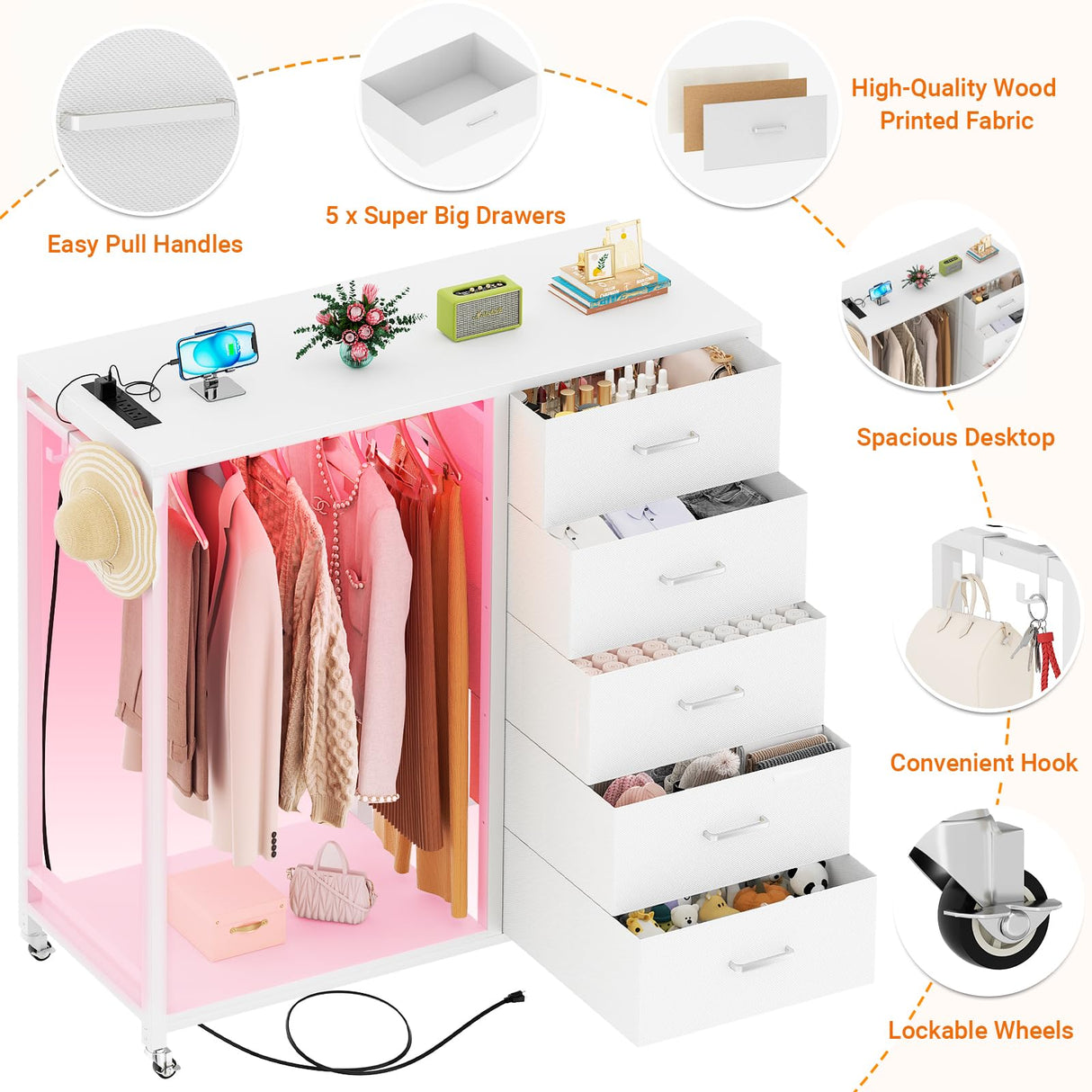Cyclysio Dresser with Clothes Rack, 5 Drawers Dresser with Charging Station & LED Lights, White Storage Unit, Closet Cyclysio