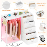 Cyclysio Dresser with Clothes Rack, 5 Drawers Dresser with Charging Station & LED Lights, White Storage Unit, Closet Cyclysio