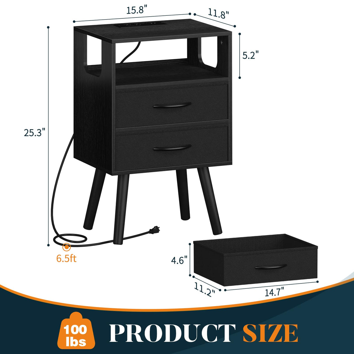 Yoobure LED Night Stand with Charger Station, Mid Century Modern Nightstand with Fabric Drawers, Bedside Table Nightstands with Storage Shelf, Bed Side Table Small Night Stands for Bedroom Living Room Yoobure