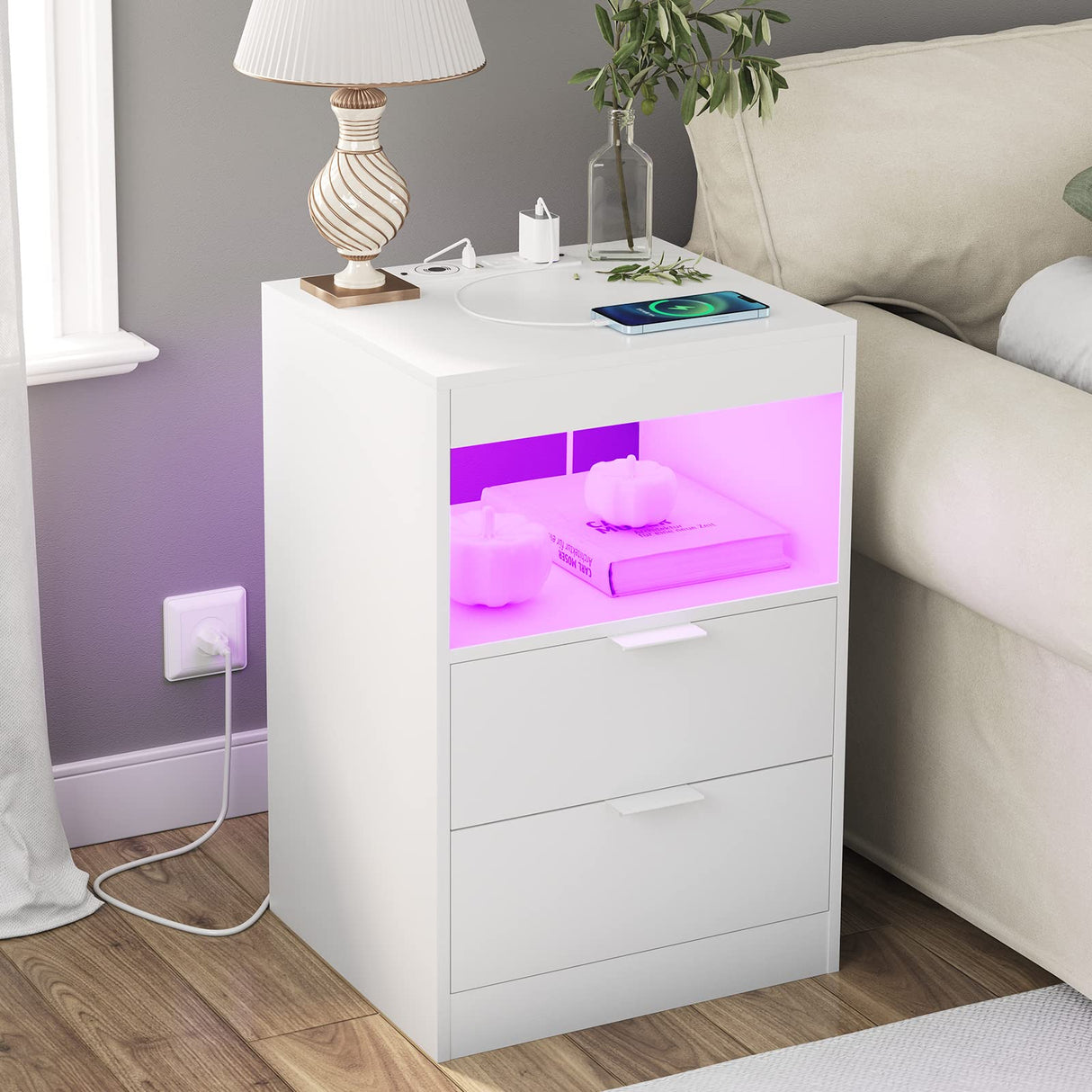 Tiptiper LED Nightstand with Wireless Charging Station, Bedside Table with LED Lights, End Table with 2 Drawers, 1 Pull-Out Tray and Open Storage, Modern Night Stand with USB Ports and Outlets, White Tiptiper