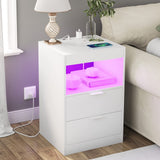 Tiptiper LED Nightstand with Wireless Charging Station, Bedside Table with LED Lights, End Table with 2 Drawers, 1 Pull-Out Tray and Open Storage, Modern Night Stand with USB Ports and Outlets, White Tiptiper