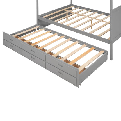 RORIGAT Queen Size Canopy Platform Bed with Twin Trundle and Three Storage Drawers, Wooden Daybed Frame Beds for Kids Teens Boys Girls,Gray