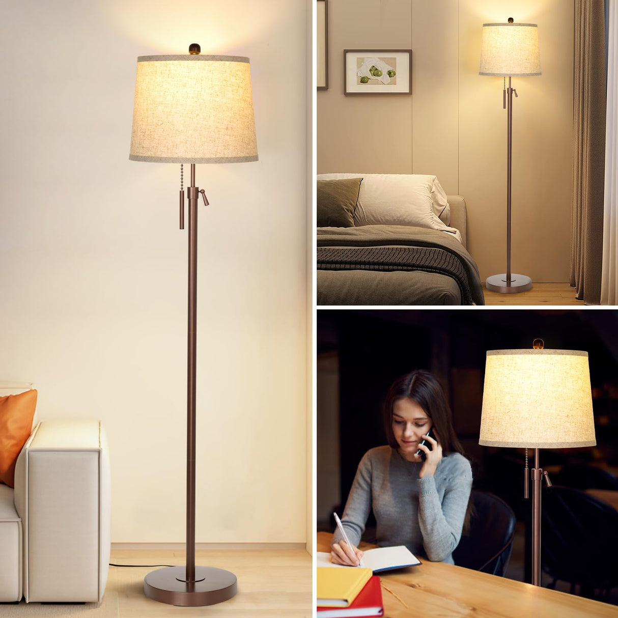 JUNNAI Modern Floor Lamp Adjustable Height Standing Lamp Tall Lamp with 3 Color Temperatures Floor Lamps for Living Room Bedroom Office Beige Shade Bulb Included-Brown JUNNAI