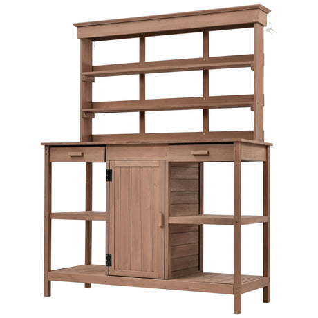 66" Large Outdoor Farmhouse Wooden Potting Bench Table, Garden Workstation with 2 Drawers, Cabinet and Open Shelves for Backyard, Mudroom (Brown/Outdoor#) - WoodArtSupply