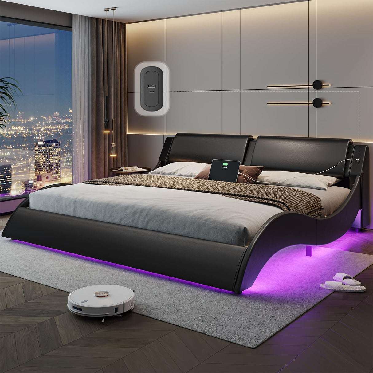 DICTAC King Size LED Bed Frame with Charging Ports and Wave-Like Design in Black DICTAC