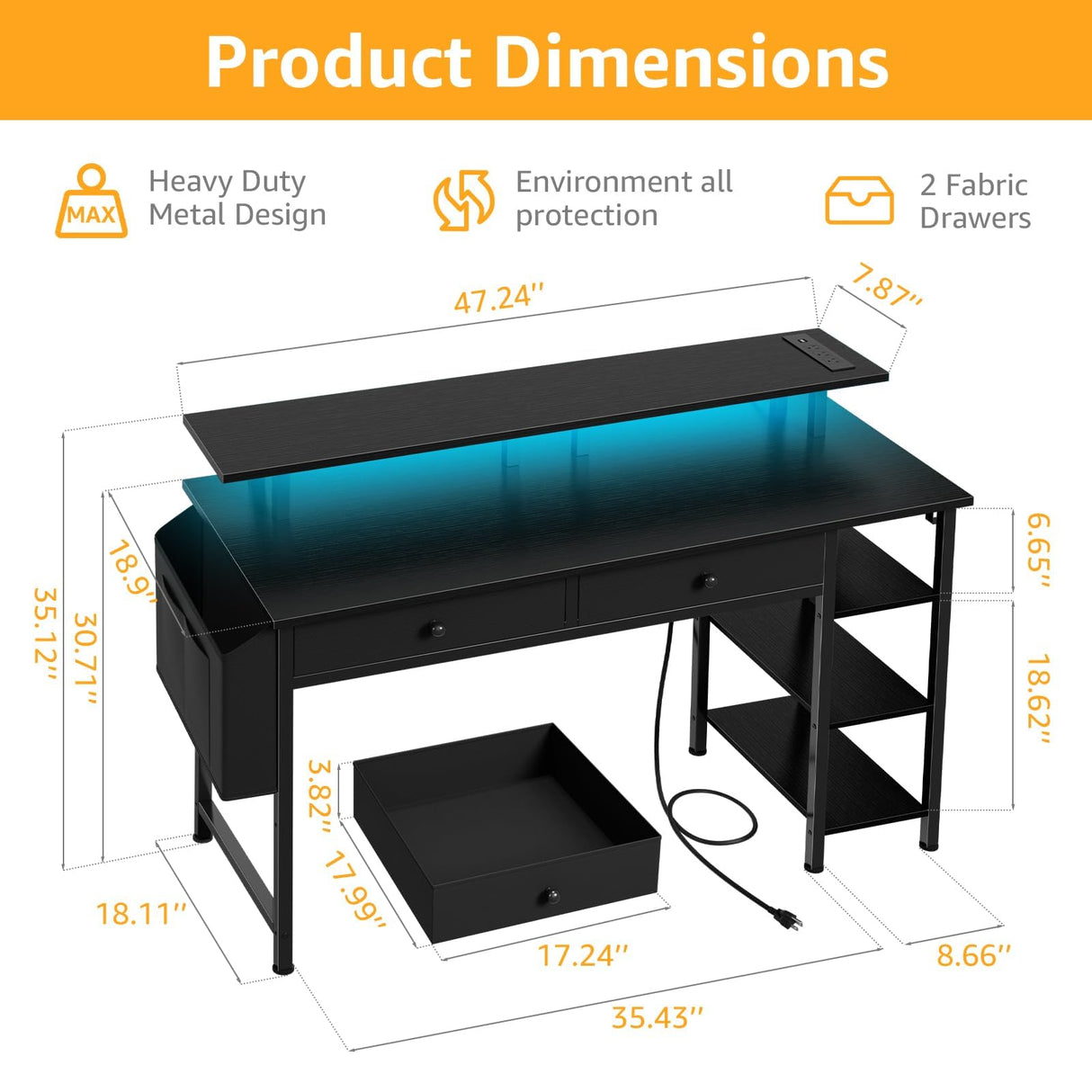Black Computer Desk with Shelves and Drawers - 47 Inch Home Office Desk with Drawers and Shelves, Small Black Desk with Shelves, Computer Desk with Monitor Stand, RGB Gaming Desk with Power Outlet DLisiting
