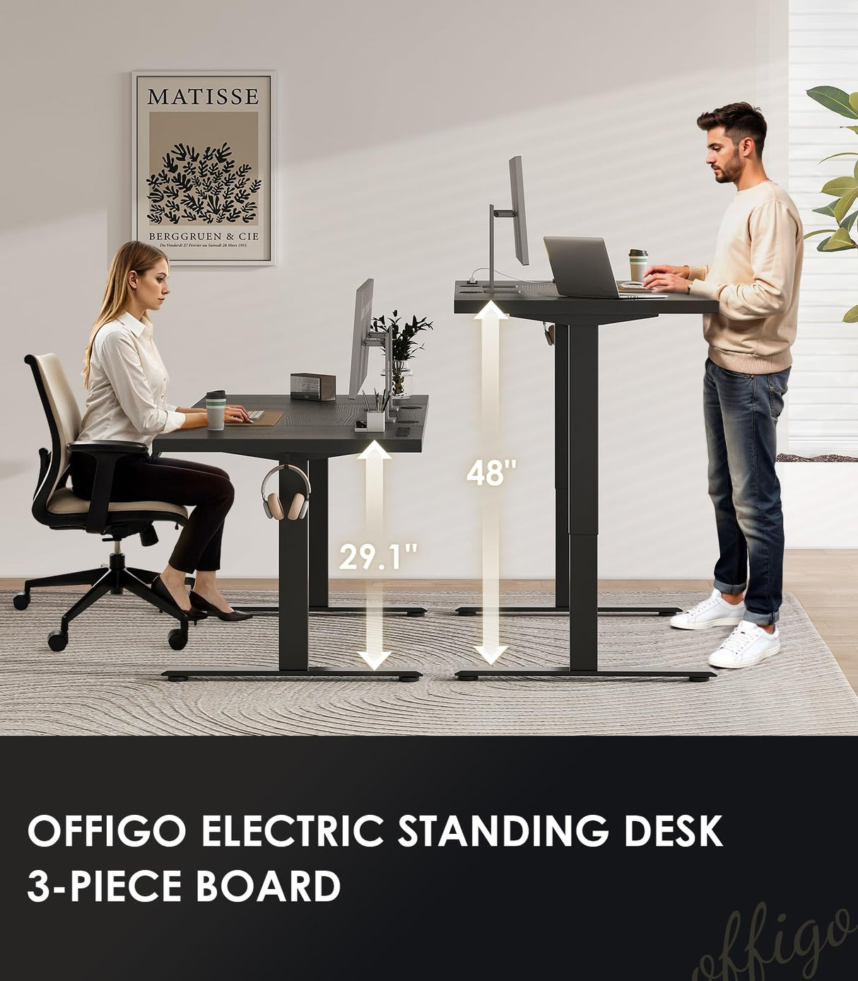OffiGo Electric Standing Desk with 3-Piece Board, 79 Inch Height Adjustable Large Desk with Power Outlets, Sit Stand Table, Writing Computer Desk for Home, Office, Workstation, Black OffiGo