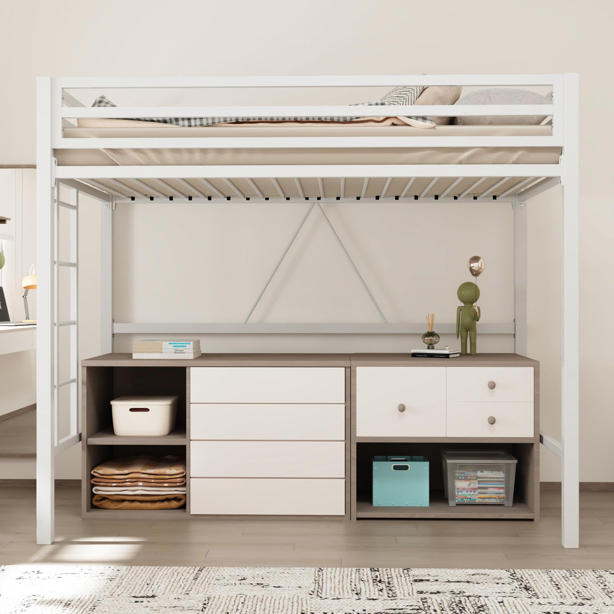 Allewie Metal Loft Bed Twin Size with Guardrail and Ladder, Small Space Saving Design for Bedroom Kid Room and Dorm, No Box Spring Needed, White Allewie