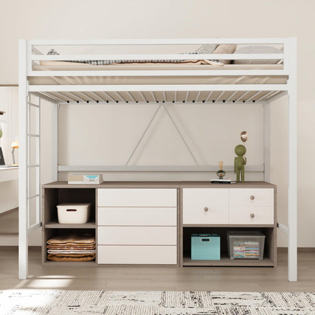 Allewie Metal Loft Bed Twin Size with Guardrail and Ladder, Small Space Saving Design for Bedroom Kid Room and Dorm, No Box Spring Needed, White Allewie