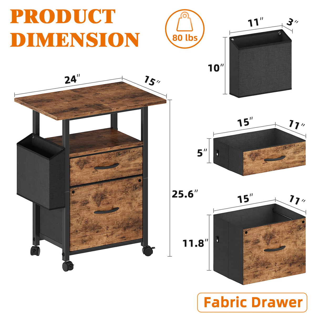 GYIIYUO 2 Drawer File Cabinet with 24'' Extended Tabletop, Mobile Filing Cabinet, Rolling Vertical File Cabinet with Side Bag, Fabric Drawer, Fits A4 Size, Home Office, Rustic Brown GYIIYUO