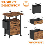 GYIIYUO 2 Drawer File Cabinet with 24'' Extended Tabletop, Mobile Filing Cabinet, Rolling Vertical File Cabinet with Side Bag, Fabric Drawer, Fits A4 Size, Home Office, Rustic Brown GYIIYUO