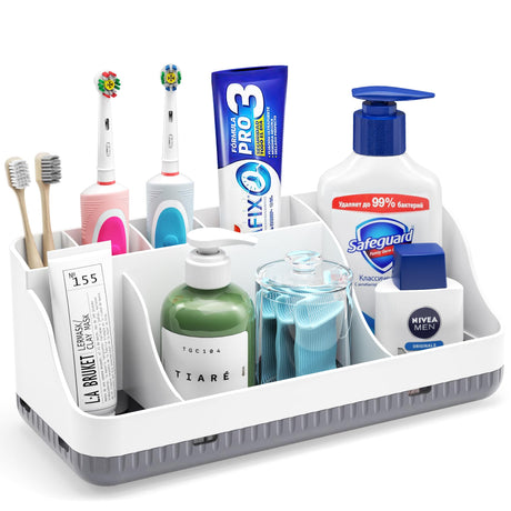 Bathroom Counter Organizer and Storage, 7 Slots Detachable Toothbrush Holders for Bathrooms, Anti-Slip Electric Toothbrush and Toothpaste Holder Countertop Vanity Organizer Accessories for Adults Kids Homtalker