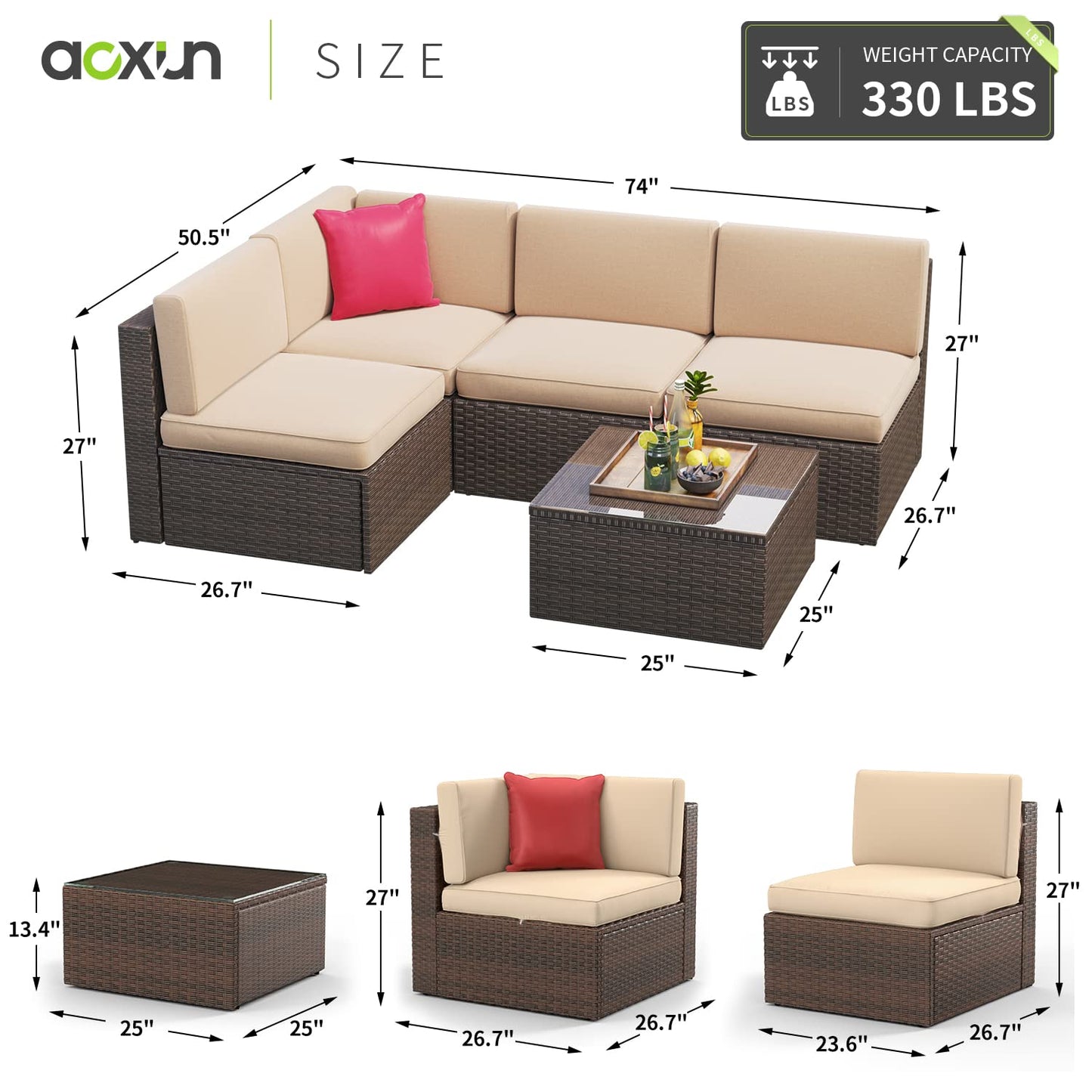 Aoxun 8 Pieces Patio Furniture Set Outdoor Wicker Rattan Furniture with Swivel Rocking Chairs Patio Sectional Sofa for Children, Girls and People in Small Size (Brown)