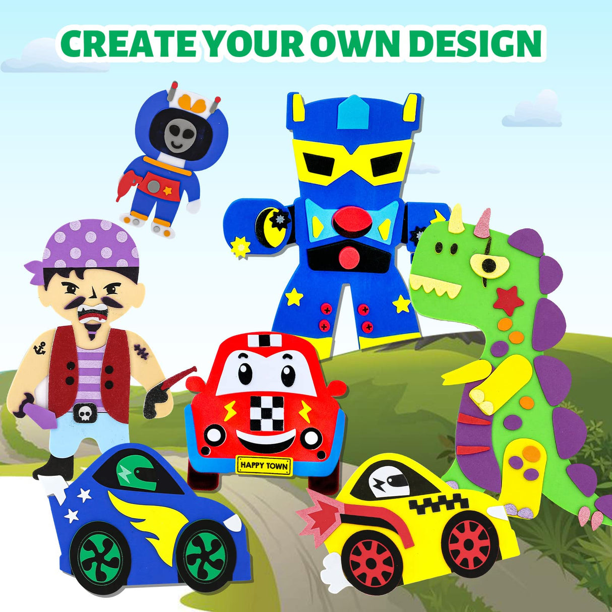 VKPI 4 Pieces EVA Foam Art Crafts Gift Kit, Creative Make Your Own Dinosaurs, Cartoon Foam Paper Craft Projects for Kids Ages 4+ Toddler, Preschool Learning Toy for Birthday Party Favor Supplies VKPI