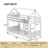 Twin Over Twin Bunk Bed, Wooden House Bunk Bed with Ladder and Guardrail for Bedroom, Dormitory, Floor Bunk Beds with Headboard and Footboard for Kids, Teens, No Box Spring Needed, White Bellemave