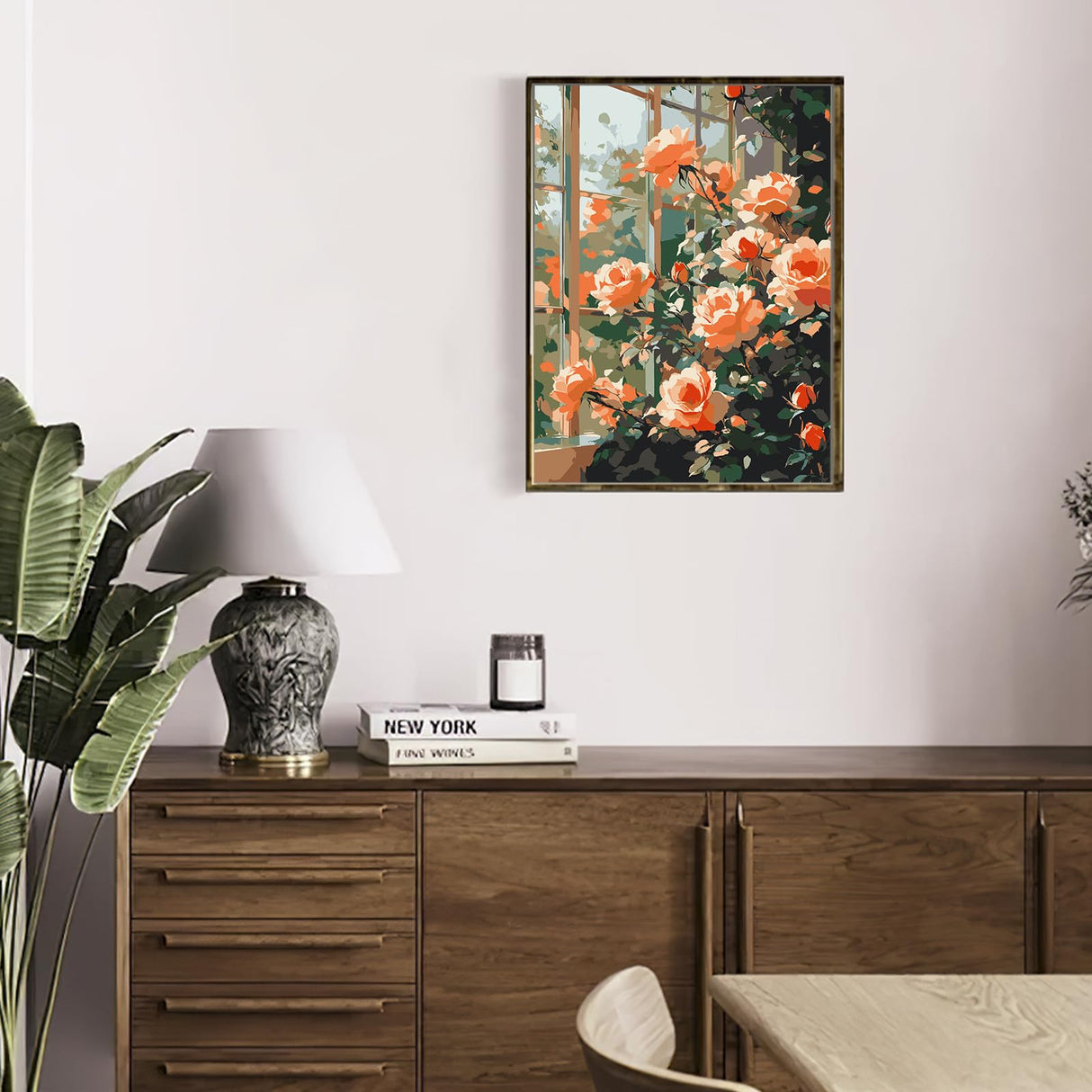 MAXBYE Window Roses Paint by Numbers Kits for Adults Beginners with Wooden Frame, Easy Canvas Paint by Numbers Pink Flowers, DIY Oil Painting Art Kit for Home Wall Decoration 12X16 inch MAXBYE