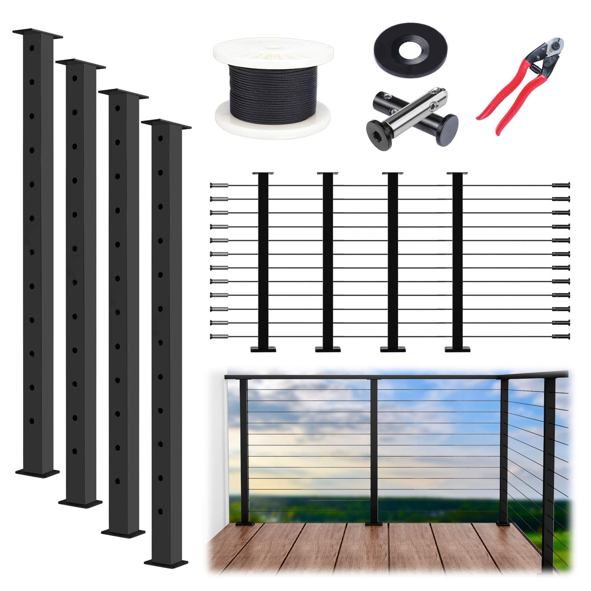 Muzata 15ft-20ft Complete Set 42" Cable Railing Post Kit Include 4Pack Black Posts PS01, 250ft Wire Rope, Swageless Cable Railing System DIY Kit (No Handrail) RWS2 BH4L Muzata
