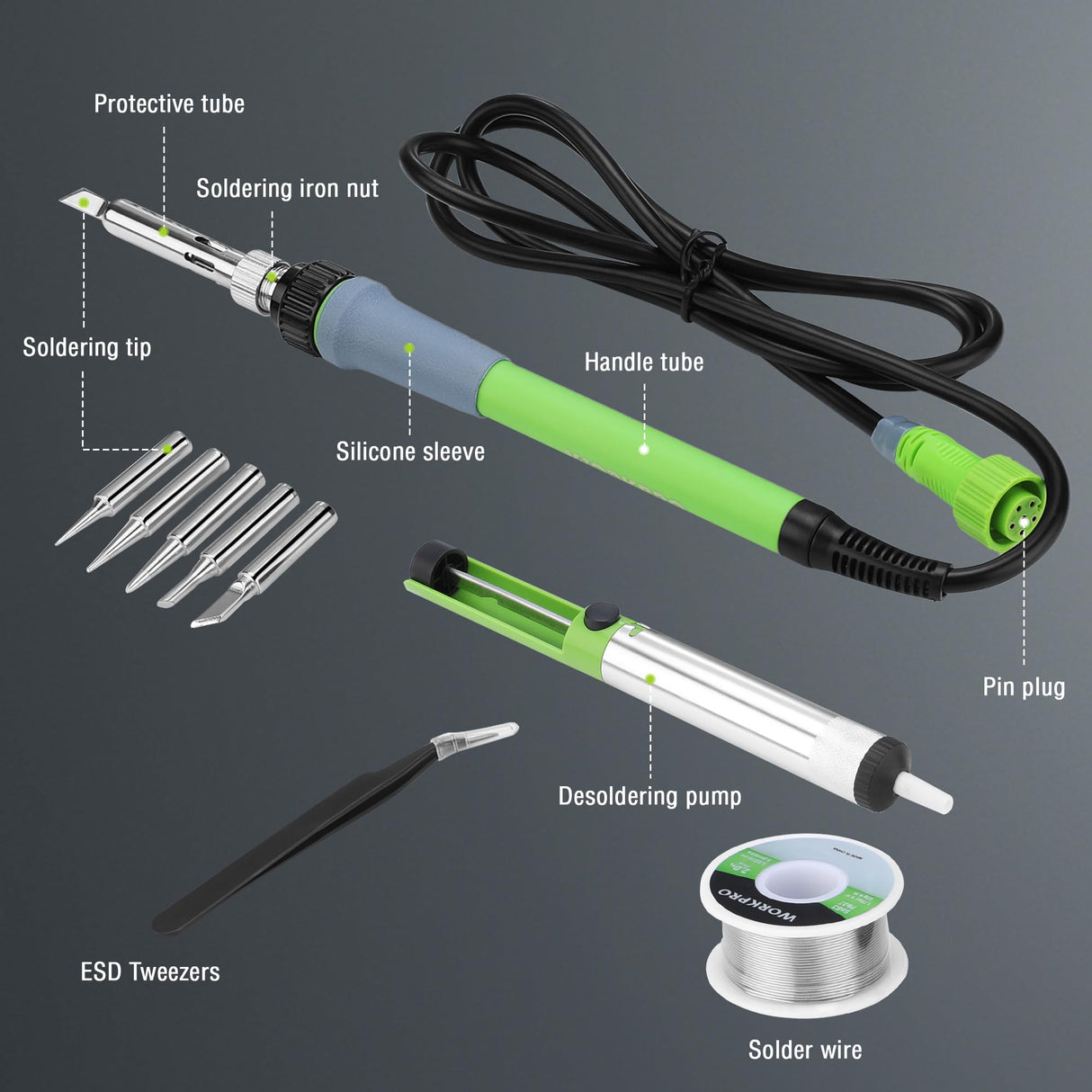 WORKPRO Soldering Station, 60W Soldering Iron Kit with Digital Display and 5 Extra Iron Tips, Precision Temperature Control Solder Station for Electronic Repair, DIY Enthusiasts and Jewelry Makers WORKPRO