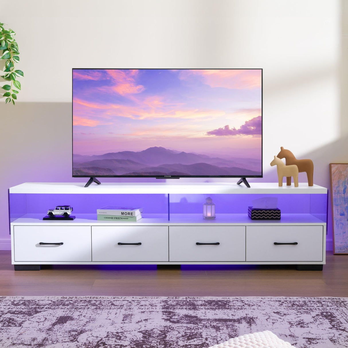Cubehom LED TV Stand 75 inch TV Stands for Living Room Modern Entertainment Center with 4 Drawers TV Console Tables for Bedroom, Living Room (White, 71 inch) Cubehom