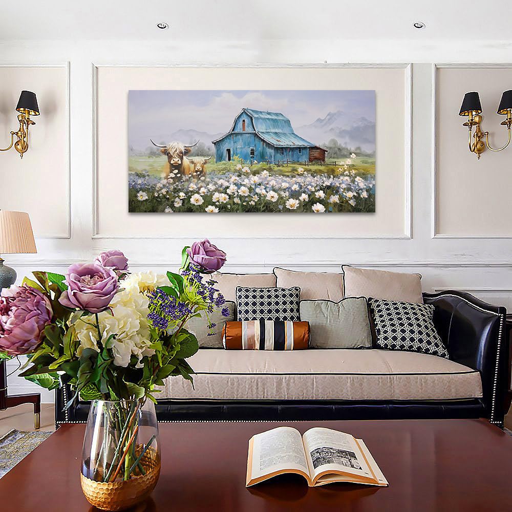 Anolyfi Blue Barn Picture Farmhouse Canvas Wall Art Highland Cow and White Flowers Landscape Textured Painting Large Scenery Artwork Framed for Living Room Bedroom Bathroom Office Home Decor 40"x20" Anolyfi