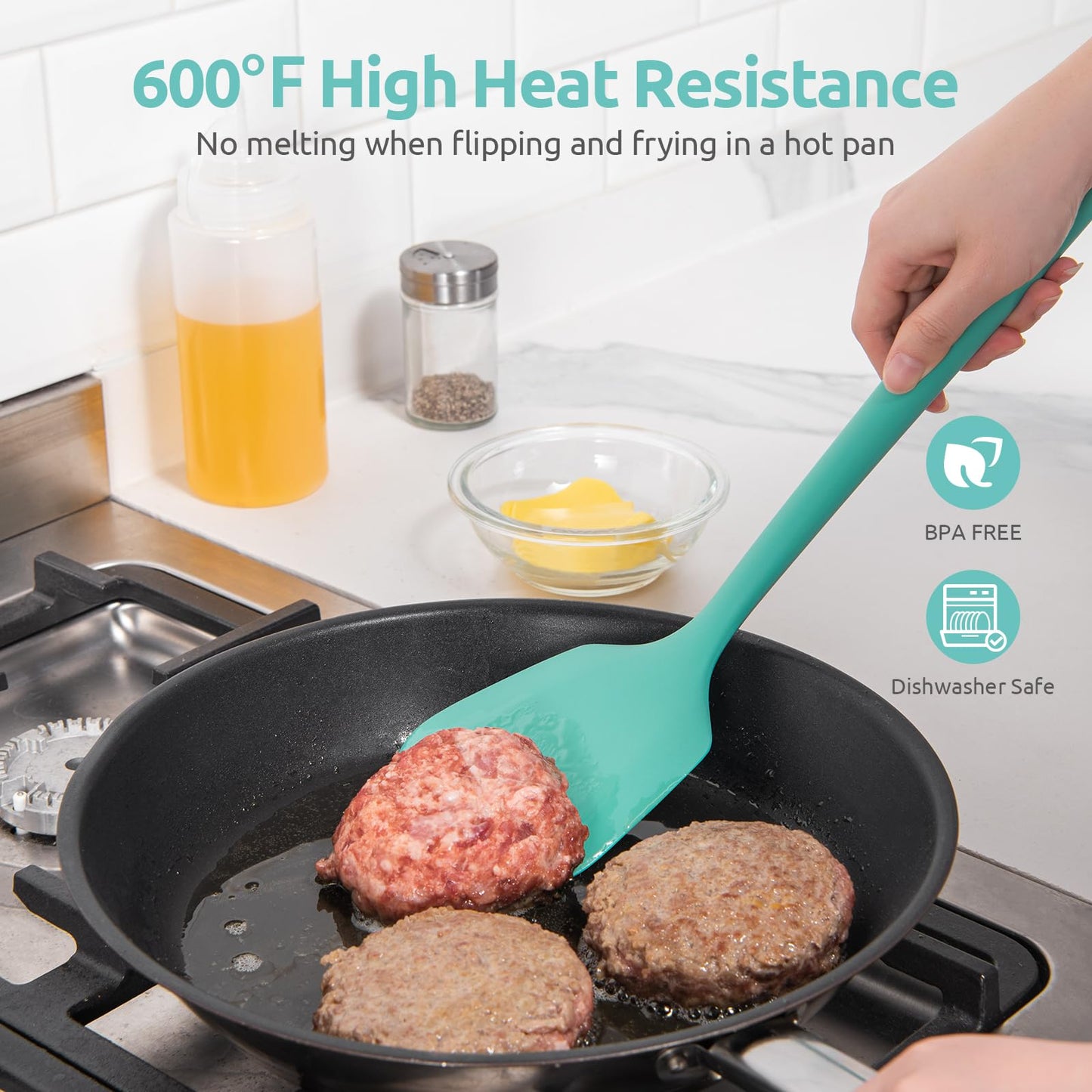 600ºF Heat Resistant Silicone Turners: U-Taste 13.6in Long Solid & Slotted Kitchen Spatula Flipper, Wide and Large Flexible Cooking Utensil for Flipping Egg, Pancake, Cookie (Aqua Sky, 2PCS)