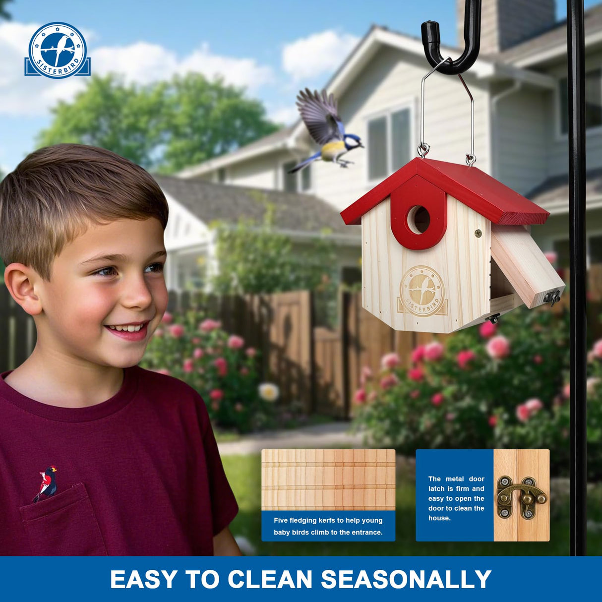 SISTERBIRD Wren Bird Houses for Outside Cedar Hanging Birdhouses for Outdoors 1-1/8" Entrance Hole Bird Houses for Outside Clearance Wooden Nesting Box Chickadee Predator Guard, Red SISTERBIRD