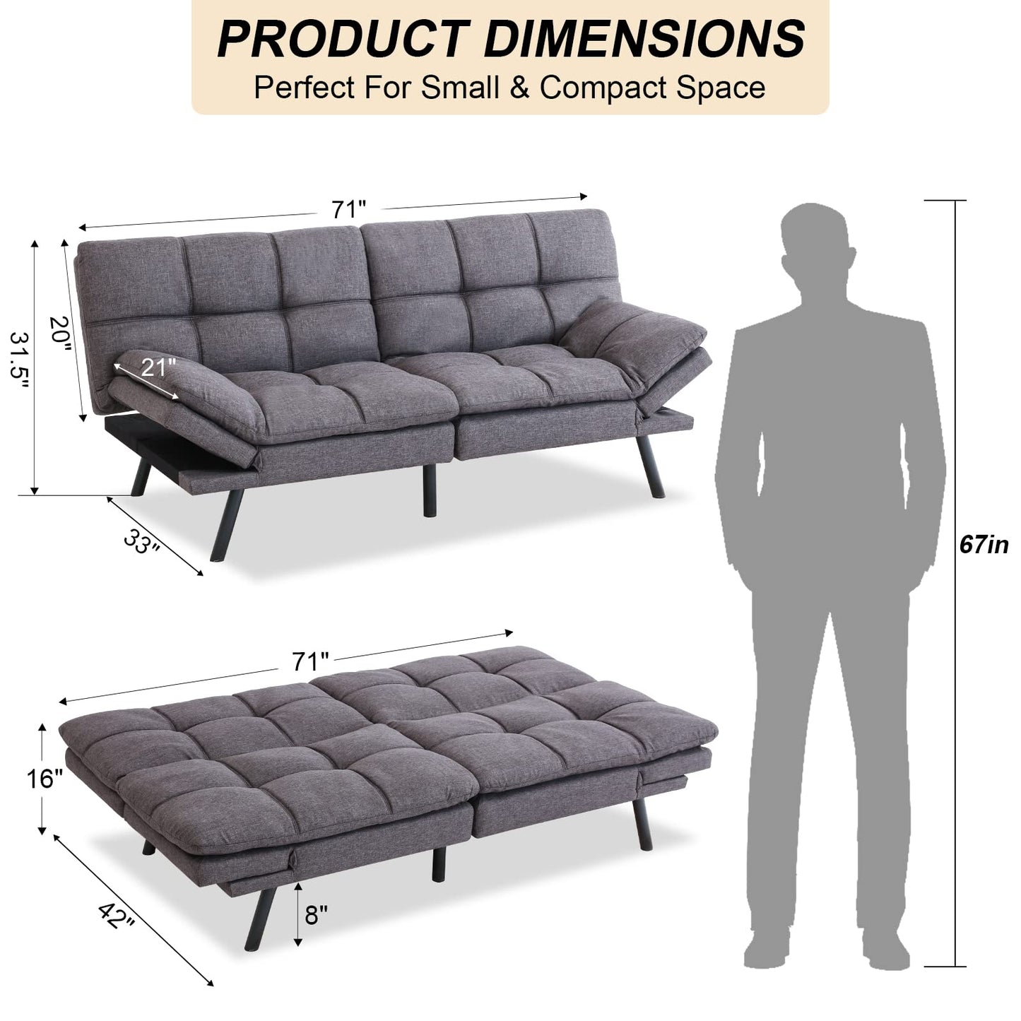 Opoiar Futon Couch,Convertible Futon Sofa Bed,Memory Foam Sleeper Sofa,Adjustable Modern Loveseat,Futon Sets, Sofa Bed for Compact Living Room,Apartment,Office,Grey