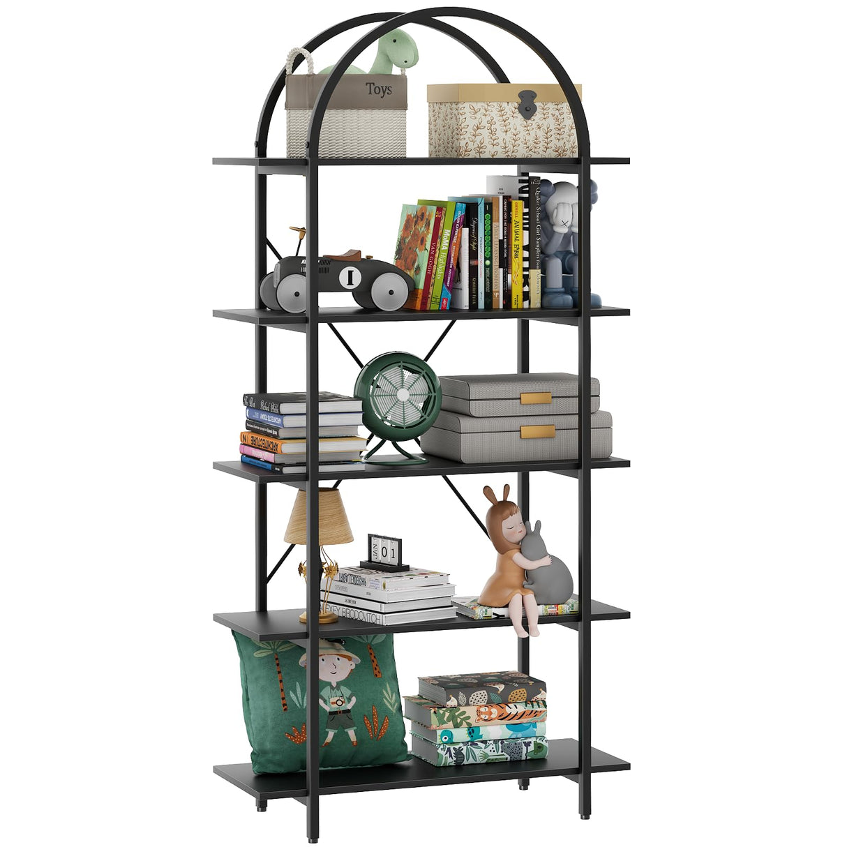 Arbuxzuy Arched Bookshelf 5 Tier Book Shelf, 31.5 Inch Width Industrial Arch Bookcase, Curved Tall Bookshelf with Open Shelves for Home Office, Living Room, Bedroom, Black Arbuxzuy