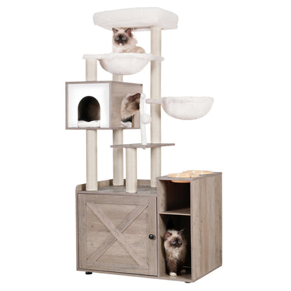 Hey-brother Cat Tree with Litter Box Enclosure, Modern Cat Tower for Indoor Cats with Large Platform, Condo Food Station and 2 Hammocks, All-in-one Cat Furniture, Wood Rustic Gray MPJ115SG - WoodArtSupply