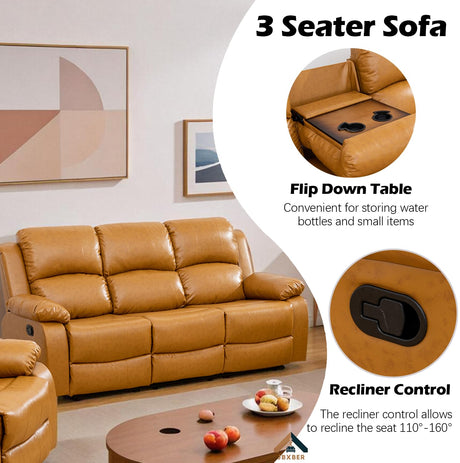 JBXBER Manual Recliner Sofa Set for Living Room, Leather Reclining Sofa Sets, Faux Leather Couch Set with Cup Holders, Drop-Down Table and Storage Console(3 Piece Set,Ginger) JBXBER