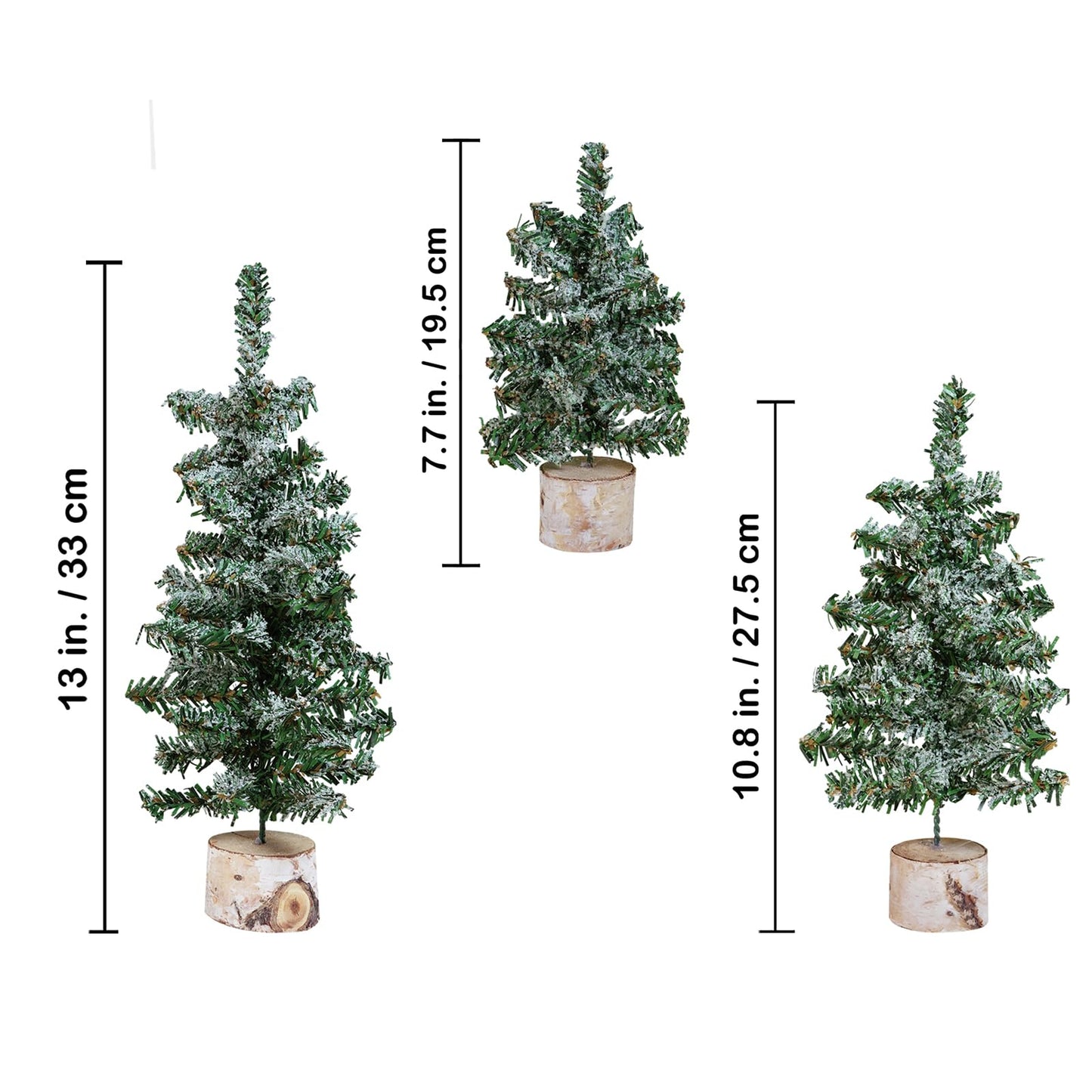 Winlyn Set of 3 Mini Snowy Artificial Canadian Pine Trees with Wood Bases Small Tabletop Christmas Trees for Rustic Farmhouse Christmas Winter Holiday Seasonal Table Centerpiece Desk Decoration