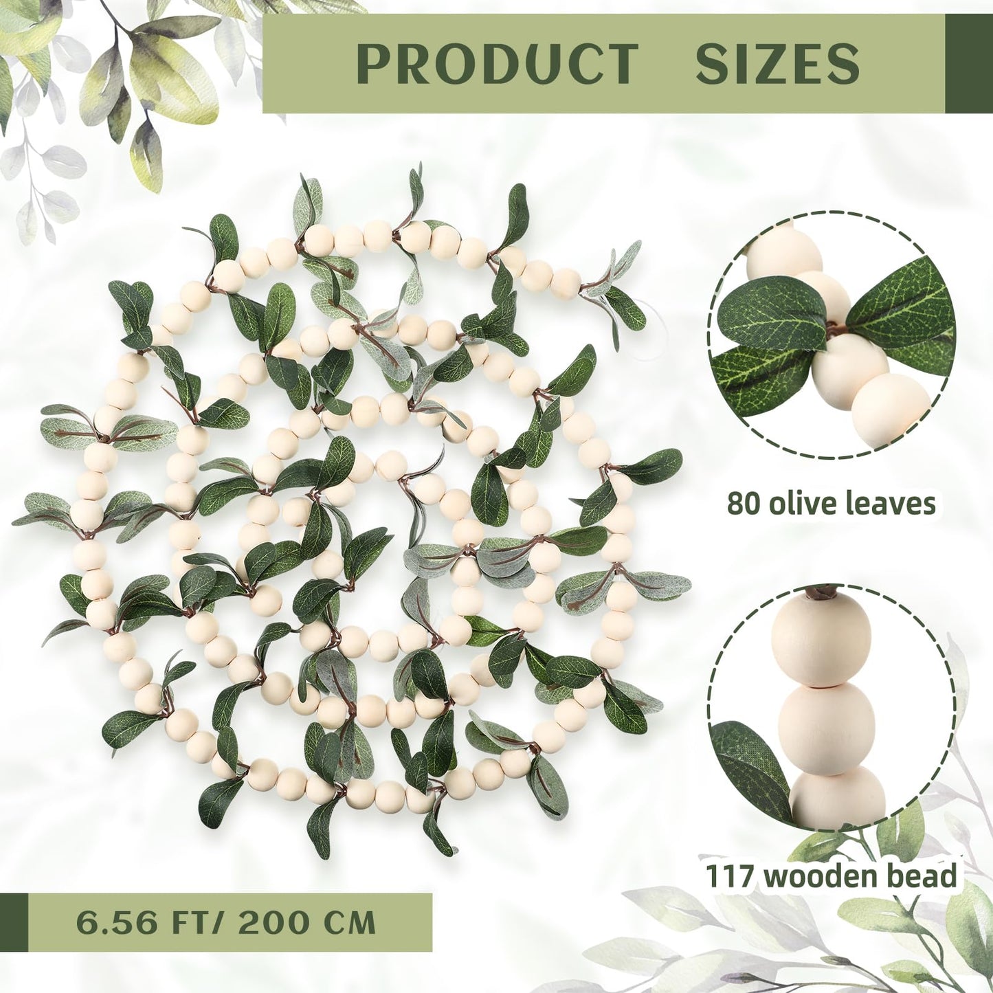 Jutom Christmas Wooden Beads Garland Artificial Olive Leaf Garland 6.6 ft Christmas Wood Bead Garland Artificial Leaf Garland Wall Hanging Decor for Christmas Tree Indoor Outdoor Fireplace Decoration