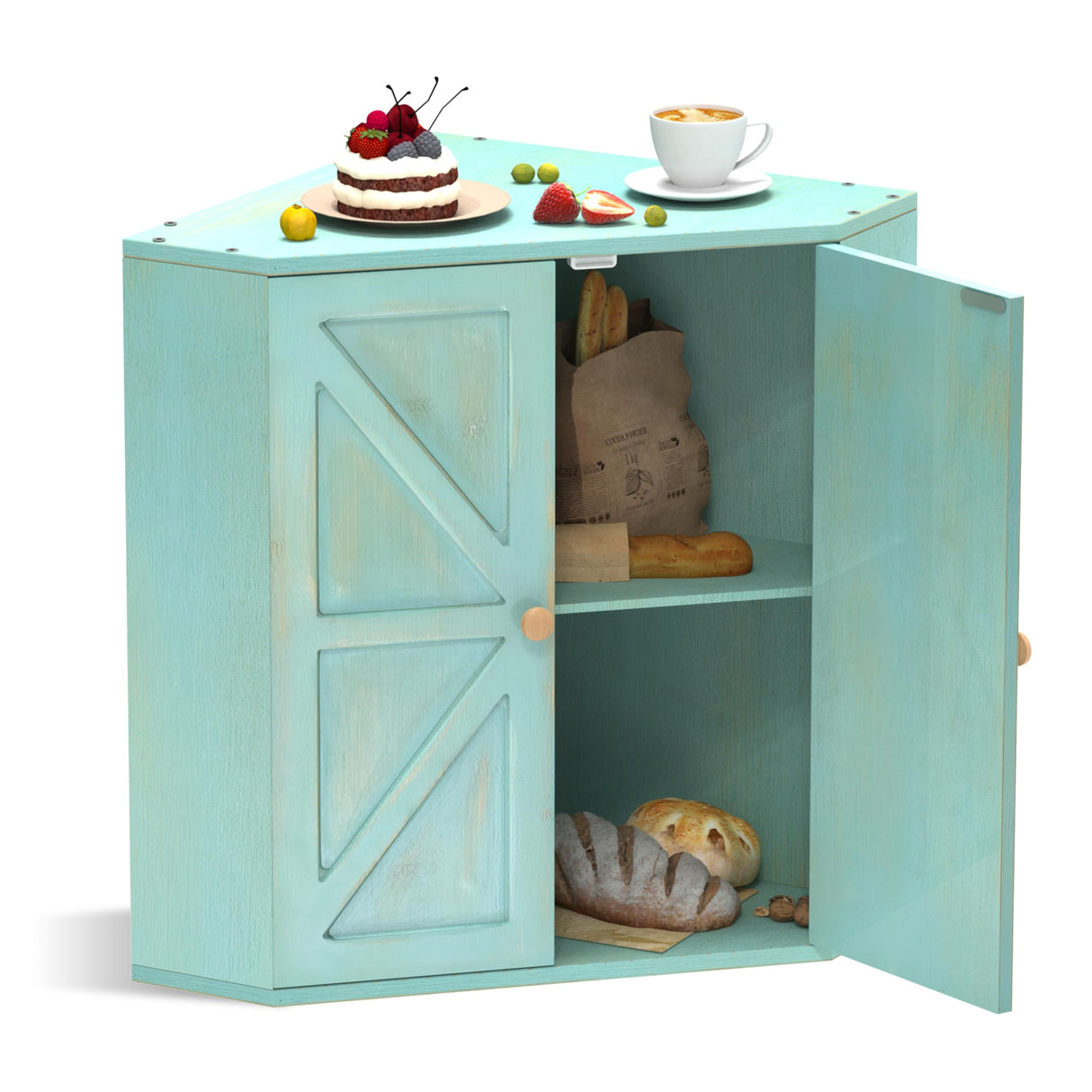 Trironsun Corner Bread Box for Kitchen Counter Double Layer Bamboo Bread Storage Container Large Capacity Bread Storage Bin Farmhouse Breadbox Organizer (Antique Blue) Trironsun