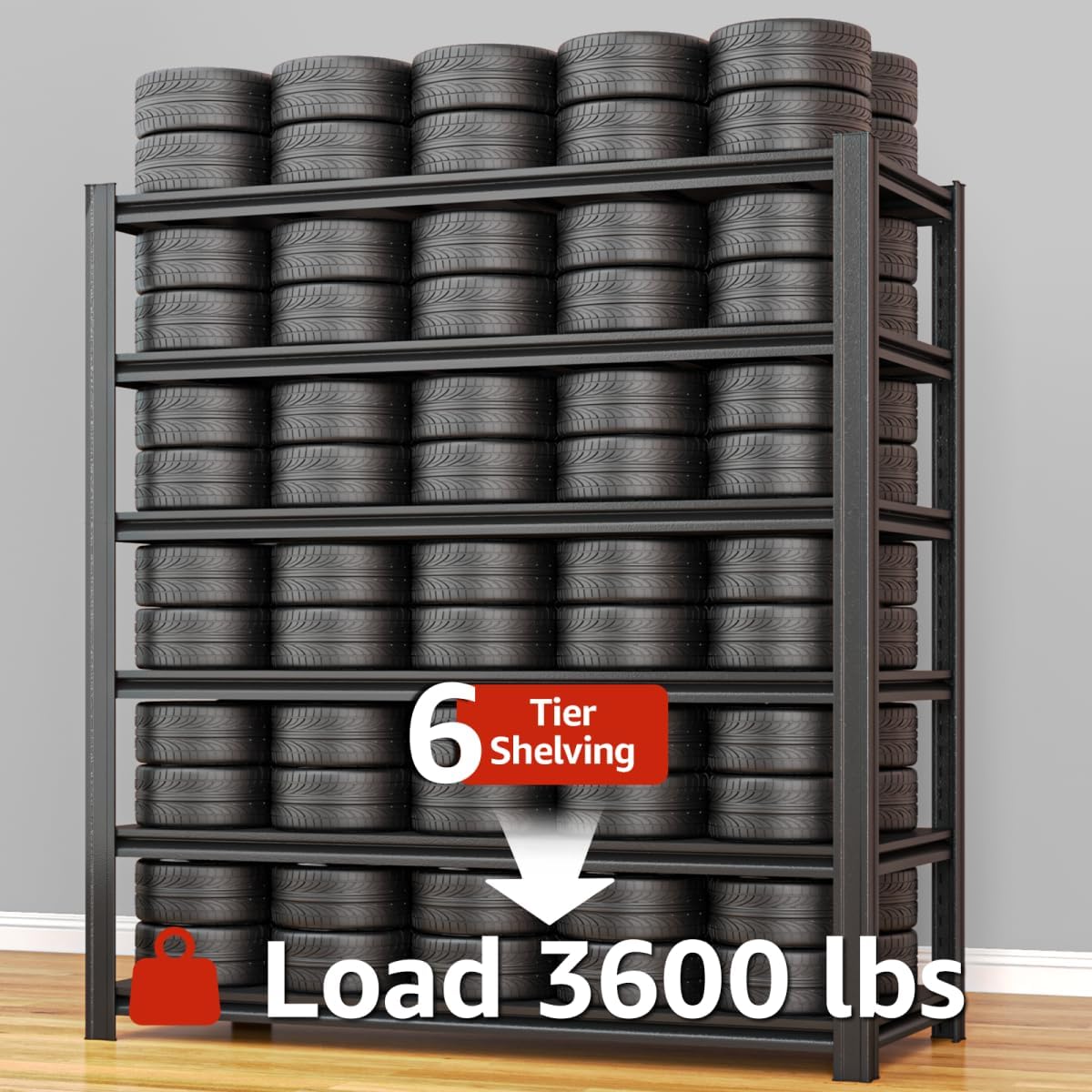 SYLOUGH 55.12" W Father&I 6-Shelf Industrial Adjustable Heavy-Dudy Tall Metal Garage Storage Shelves Shelving Units/Steel Wire Rack System (Commercial) for Basement/Shop, 84" H*55.12" W*24" D*, Black SYLOUGH